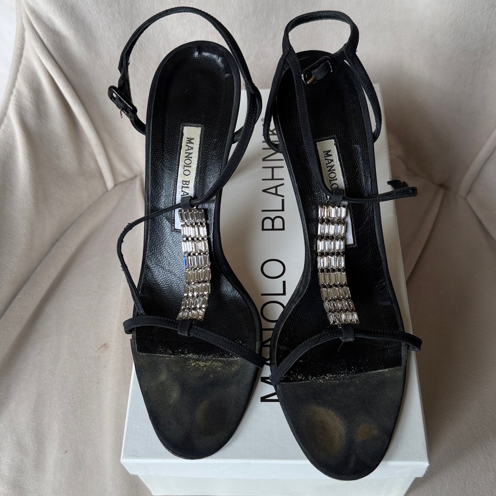 MANOLO BLAHNIK Vintage Black Crystal-Column T-Strap Sandal Size 38.5 8.5 - Picture 2 of 10